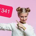 Girl holding a ticket sign graphic on pink background
