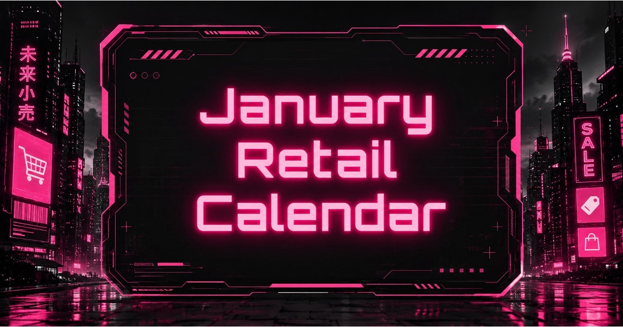 Neon cyberpunk January retail calendar graphic with ecommerce skyline for holiday marketing planning
