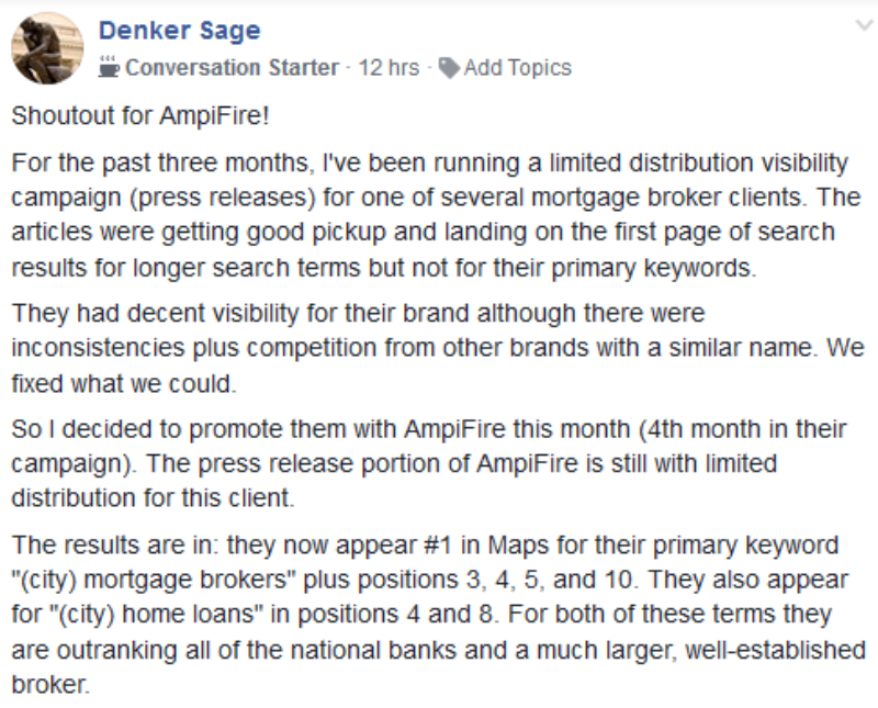 Denker Sage Result Testimonial on Facebook