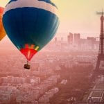 Globes over modern city
