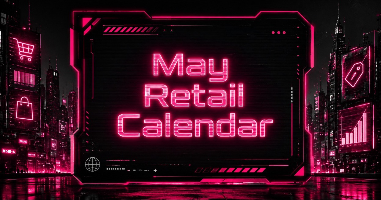 Neon cyberpunk May 2026 ecommerce retail calendar dashboard glowing over a futuristic city skyline