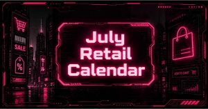 Cyberpunk retail calendar dashboard glowing pink over a futuristic city skyline at night