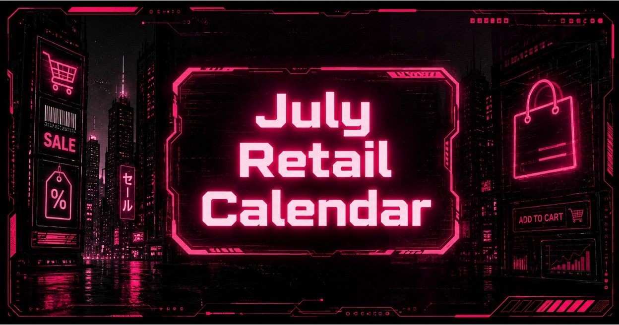 Cyberpunk retail calendar dashboard glowing pink over a futuristic city skyline at night