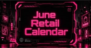 Neon June retail calendar dashboard glowing in a cyberpunk ecommerce cityscape for holiday marketing