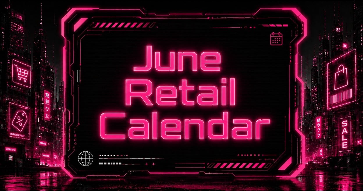 Neon June retail calendar dashboard glowing in a cyberpunk ecommerce cityscape for holiday marketing