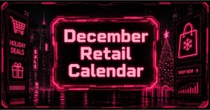 Neon cyberpunk December retail calendar showing a futuristic holiday ecommerce cityscape