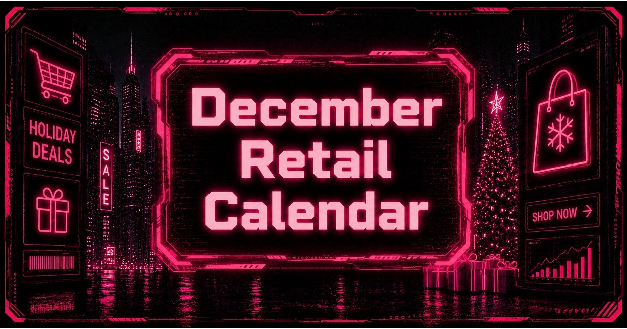 Neon cyberpunk December retail calendar showing a futuristic holiday ecommerce cityscape
