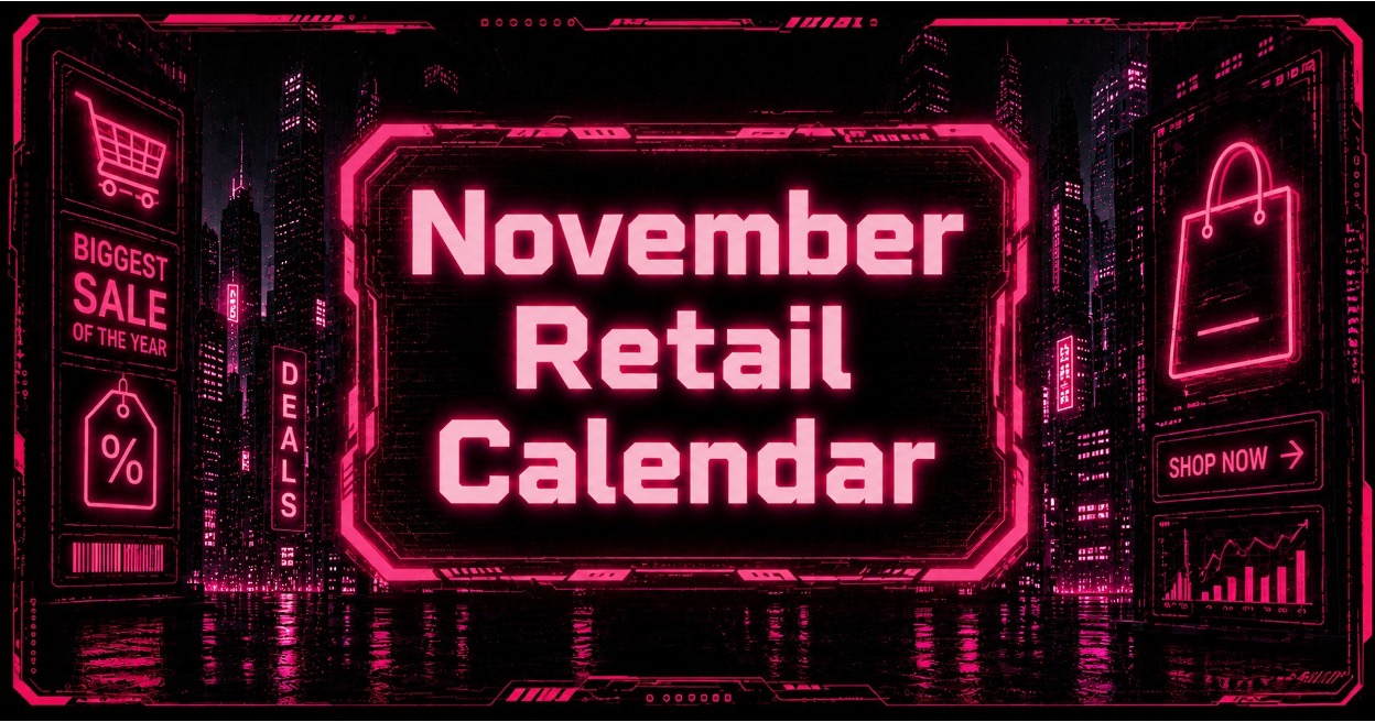 Neon cyberpunk November retail calendar above a futuristic ecommerce shopping cityscape
