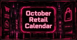 Neon cyberpunk October retail calendar lighting up an ecommerce city skyline for holiday marketing