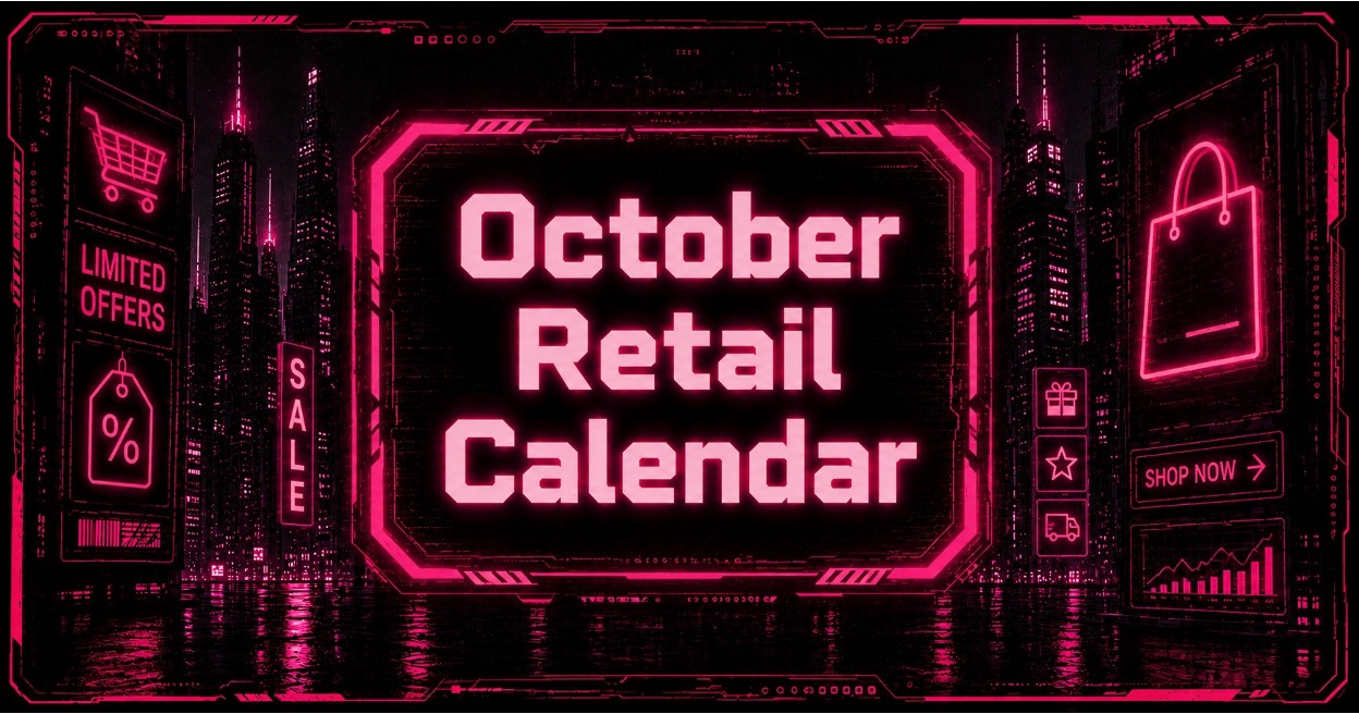 Neon cyberpunk October retail calendar lighting up an ecommerce city skyline for holiday marketing