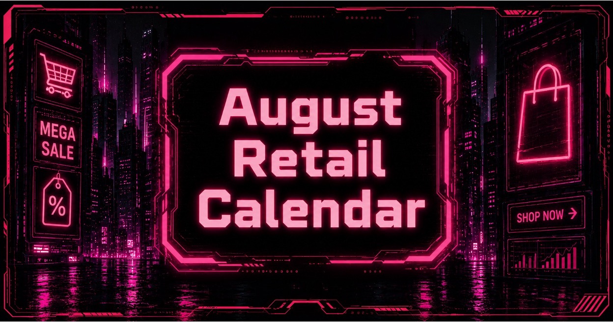 Neon cyberpunk August retail calendar glowing across a futuristic ecommerce cityscape