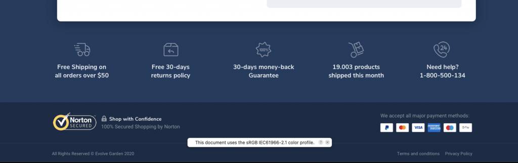 Screenshot of a website footer that lists the benefits of shopping with them like free -days money-back guarantee.