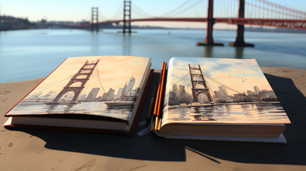 A book with a drawing of a bridge and a river