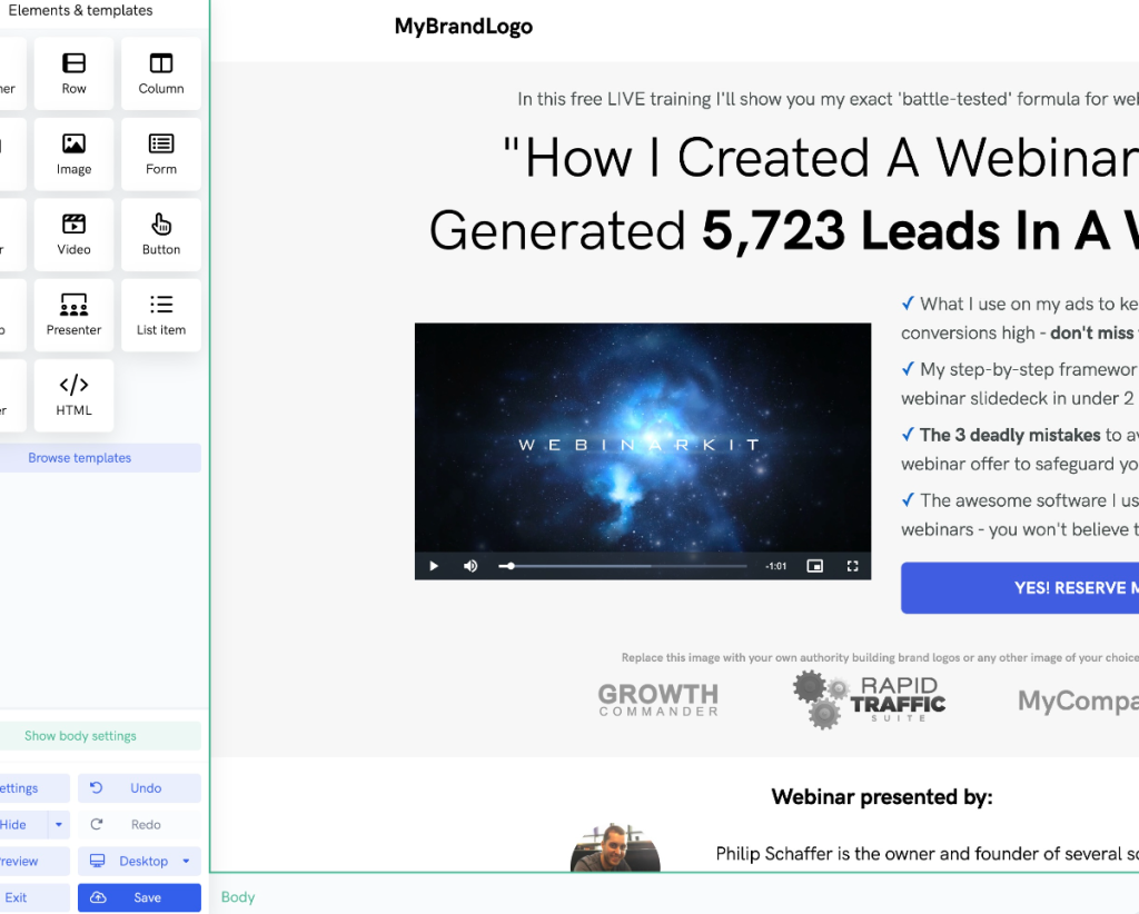 Screenshot of WebinarKit webinar funnel feature.