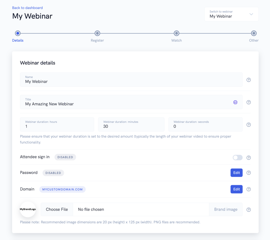 Screenshot of WebinarKit webinar funnel settings page.