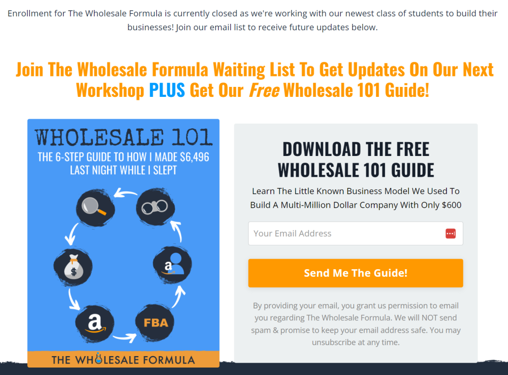 The Wholesale Formula waitlist page.