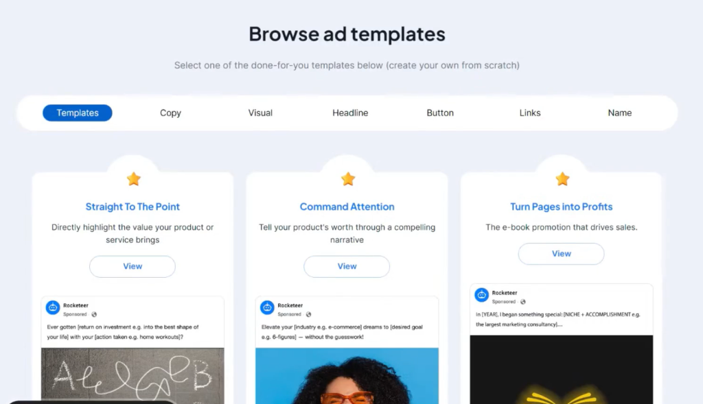A screenshot showing the different ad templates one can choose on Rocketeer.