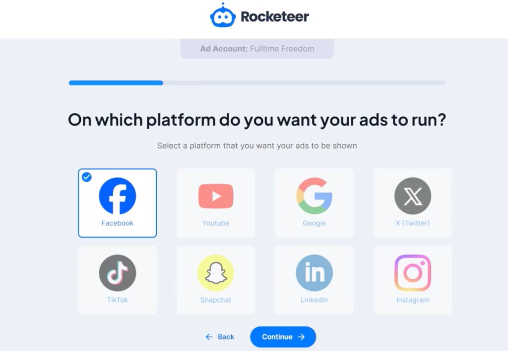 A screenshot showing the different ad platforms one can choose on Rocketeer.