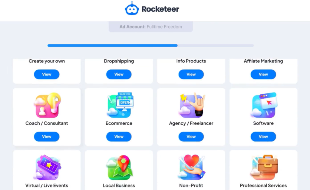 A screenshot showing the different ad campaigns one can choose on Rocketeer.