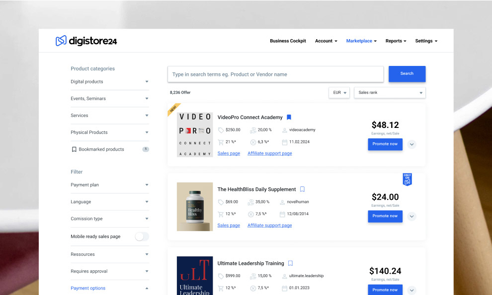 A screenshot showing the affiliate marketplace that Digistore24 owns.