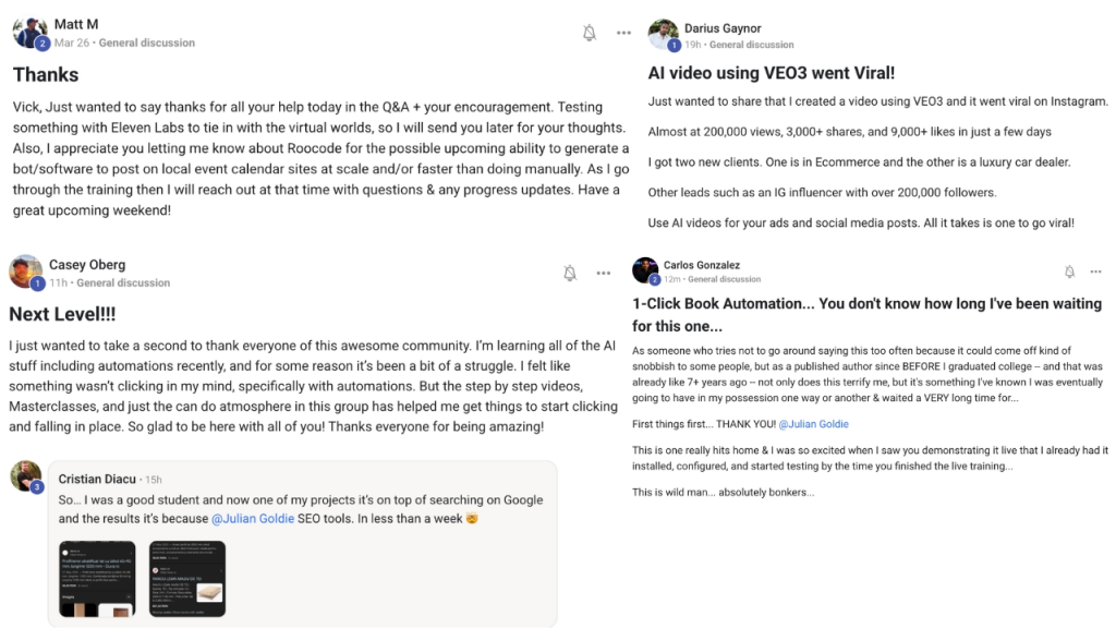 Screenshot of AI Success Lab's community posts featuring user testimonials about automation tools, viral video success, and SEO improvements, expressing enthusiasm and gratitude for the support and resources provided.