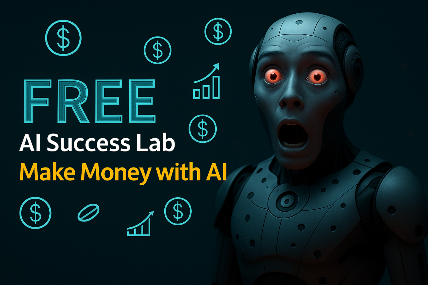 Excited humanoid robot with glowing red eyes surrounded by dollar signs and business icons, alongside bold text promoting the free AI Success Lab for making money with AI.