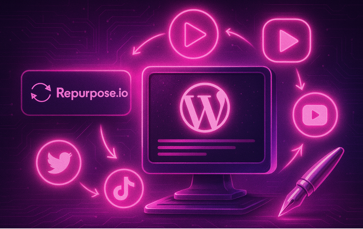 Illustration of Repurpose.io connecting WordPress with platforms like YouTube, TikTok, and Twitter for automated content distribution.