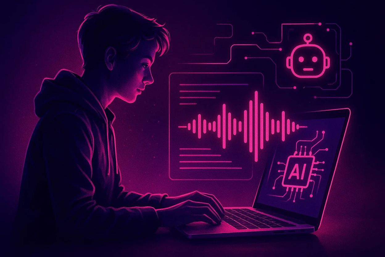 A digital illustration of a person using a laptop with article text on one side and a podcast waveform appearing on the other side with AI icons