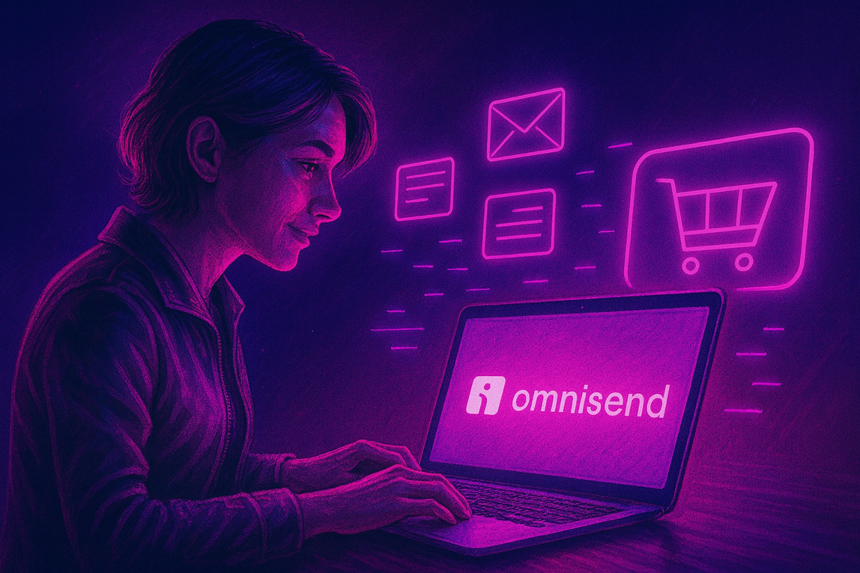 A woman working on a laptop displaying the Omnisend logo, surrounded by glowing digital icons representing email, messages, and online shopping