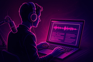 A digital illustration of a person wearing headphones and speaking into a microphone while editing audio on a laptop