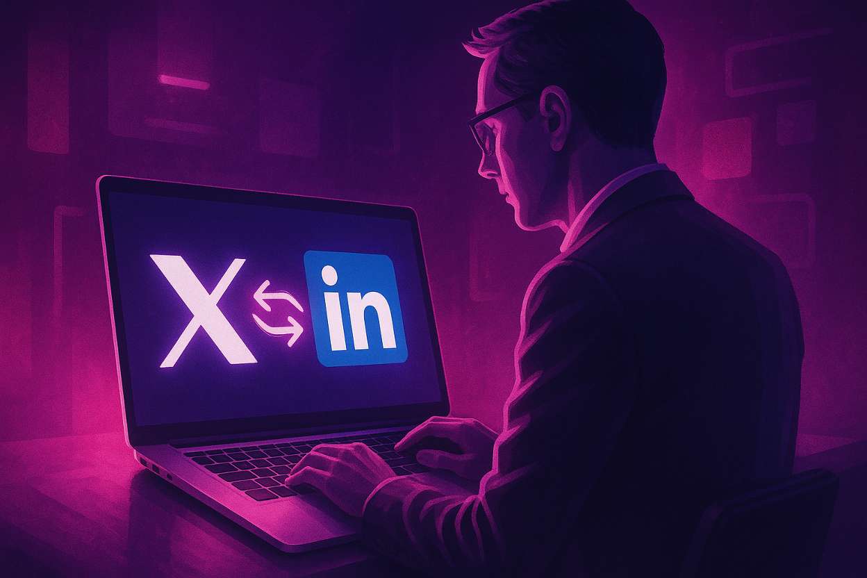 A professional using a laptop to manage social media accounts with X/Twitter and LinkedIn logos displayed on the screen