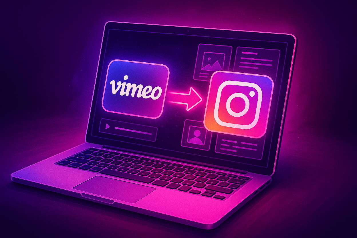 Neon pink-purple graphic of a laptop screen showing a Vimeo icon