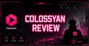 Cyberpunk-style featured image for a Colossyan review with the Colossyan logo, neon pink futuristic interface, AI text-to-video graphics, and the centered text "Colossyan Review" against a black and grey cityscape background