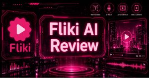 Cyberpunk-style featured image for a Fliki AI review with the Fliki logo, neon pink futuristic interface, video creation dashboard elements, and the centered text "Fliki AI Review" against a black and grey digital cityscape background
