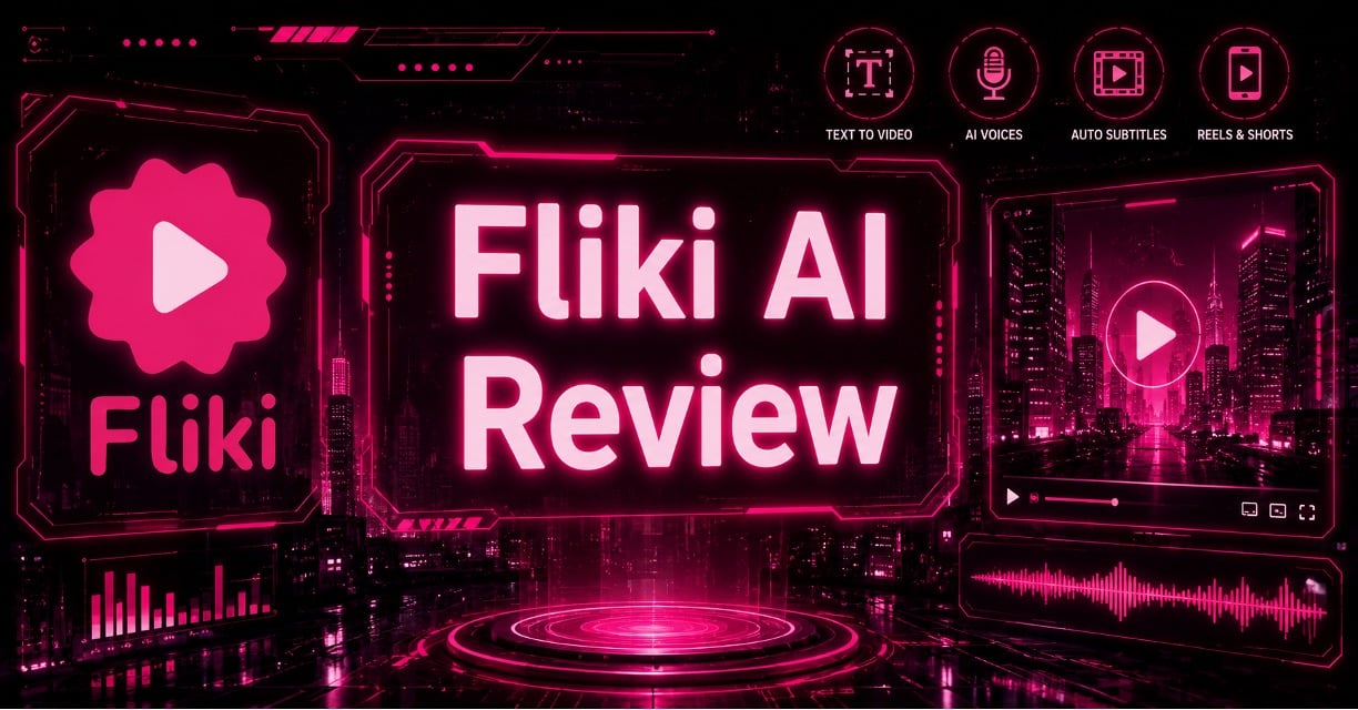 Cyberpunk-style featured image for a Fliki AI review with the Fliki logo, neon pink futuristic interface, video creation dashboard elements, and the centered text "Fliki AI Review" against a black and grey digital cityscape background