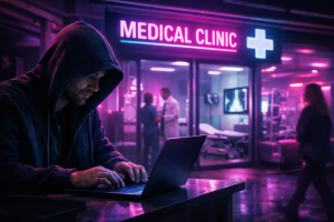 A person working at a computer in a futuristic, neon-lit environment with a healthcare clinic in the background.