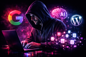 A person working at a computer in a futuristic, neon-lit environment with holographic data, digital graphs, and a glowing sphere representing interconnected schema and AI networks.