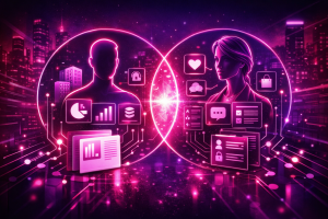 Cyberpunk-style illustration comparing a data-driven customer profile and a detailed buyer persona, glowing in neon pink and purple within a futuristic city scene.