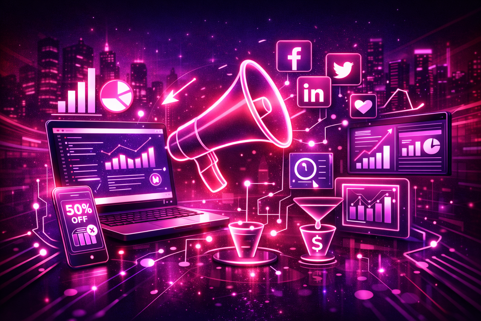 Cyberpunk-style illustration of content amplification, showing a glowing megaphone connected to devices, analytics dashboards, and social platforms in neon pink and purple against a futuristic city background.