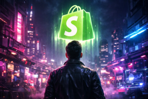 Person looking at a glowing Shopify logo in a futuristic digital cityscape