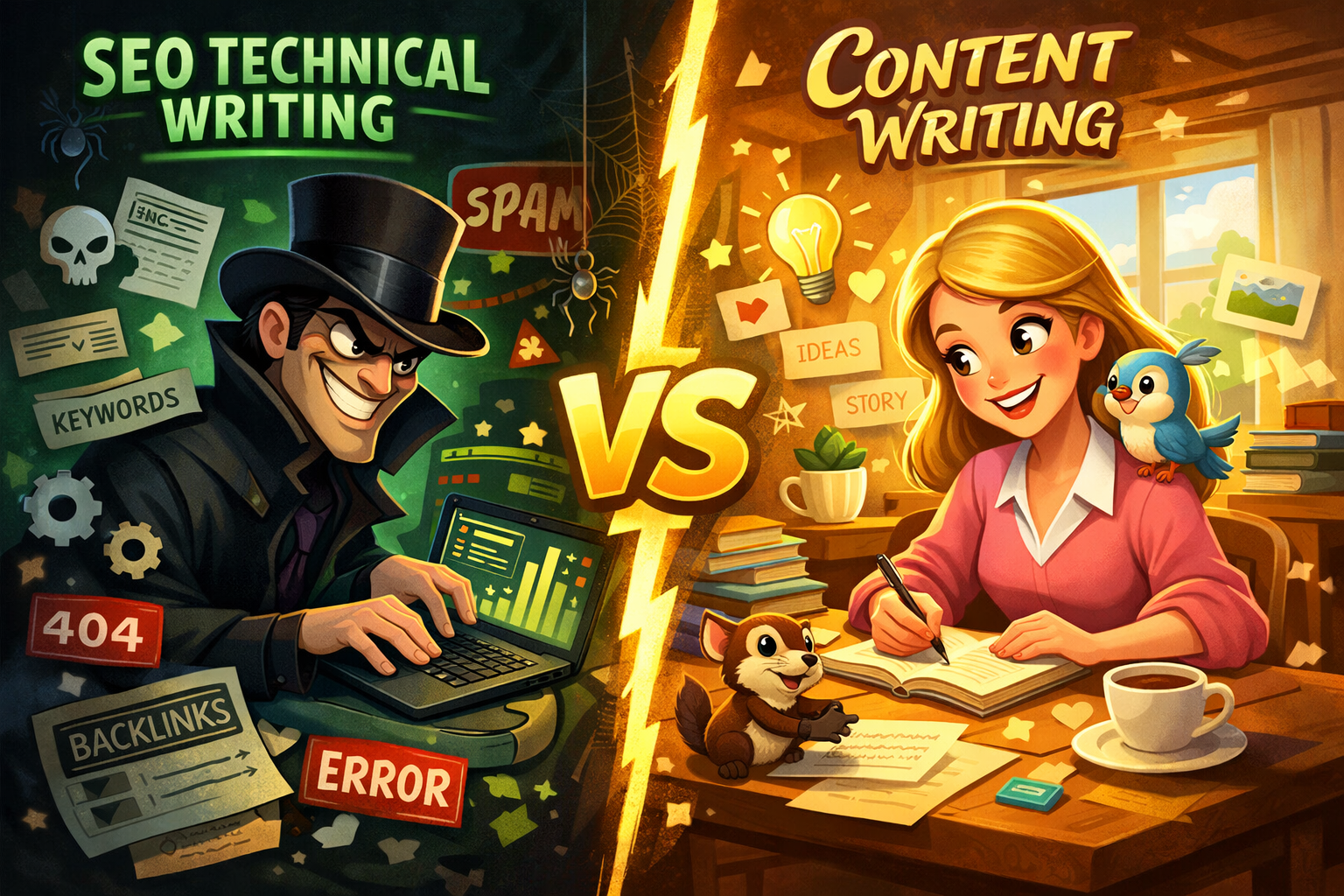 Disney-like visual representation of aggressive SEO technical writing vs good content writing
