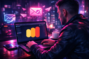 An illustration of a person using Warmy.io on a computer.