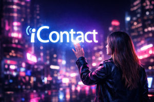 An illustration of a woman touching the iContact logo