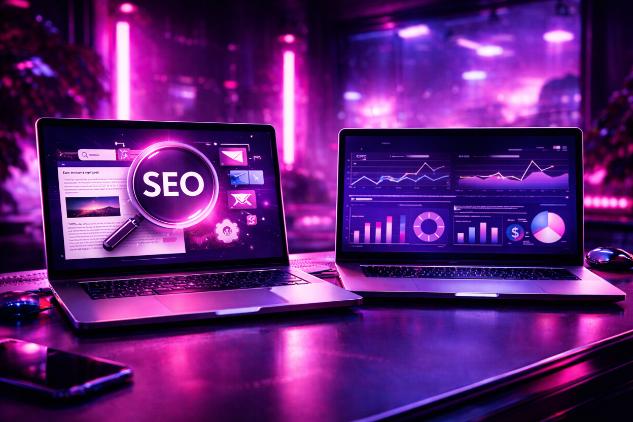 Close-up of two laptops on a dark futuristic desk, one showing content creation and SEO analytics visuals, and the other representing paid advertising and PPC activity, illuminated by neon pink, purple, and blue cyberpunk lighting.