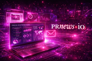 Cyberpunk-style illustration of a futuristic PR distribution scene with digital dashboards, and the PRNEWS.IO logo integrated into a high-tech city environment.