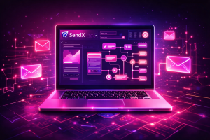 Cyberpunk-style illustration of a laptop displaying SendX email marketing workflow interface with floating envelope icons in a futuristic digital environment.