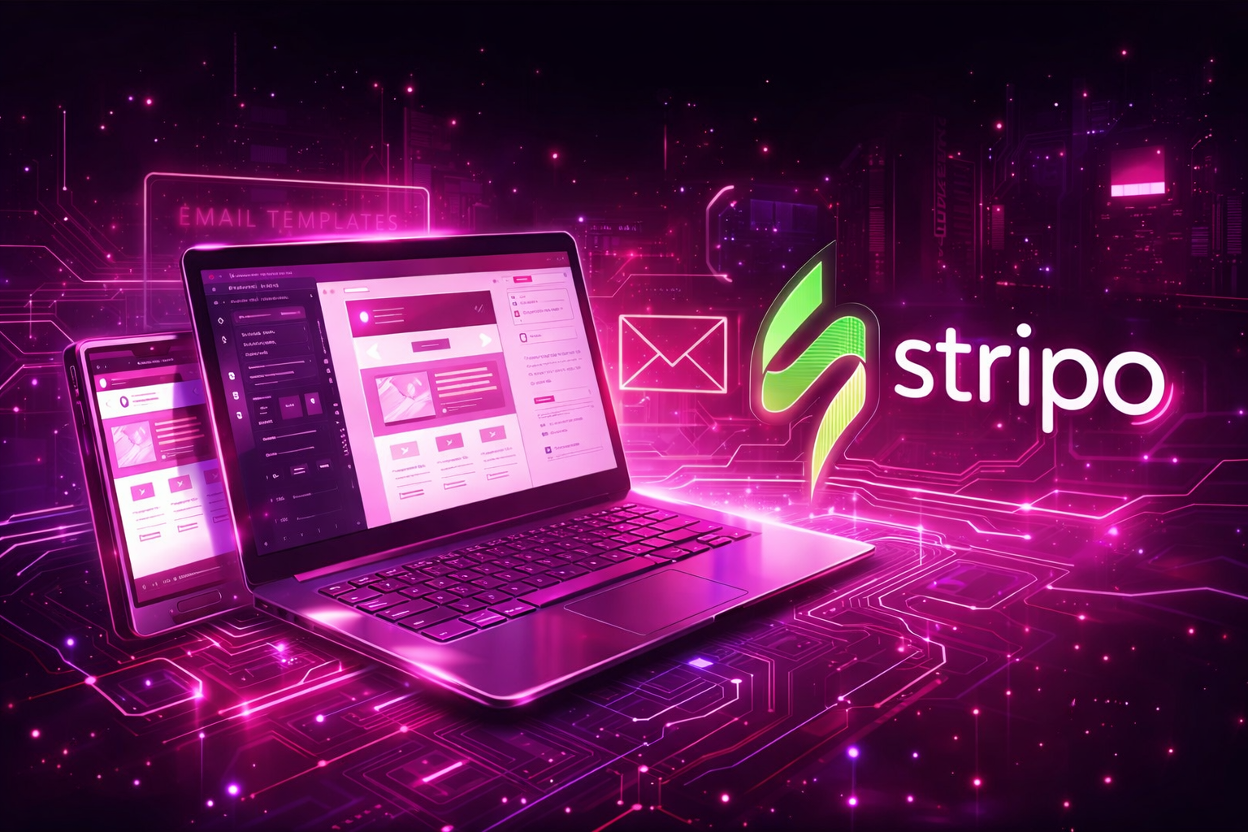 Cyberpunk-style illustration of a laptop displaying an email template interface, surrounded by glowing envelope icons, with the Stripo logo integrated into a vibrant pink and purple futuristic background.