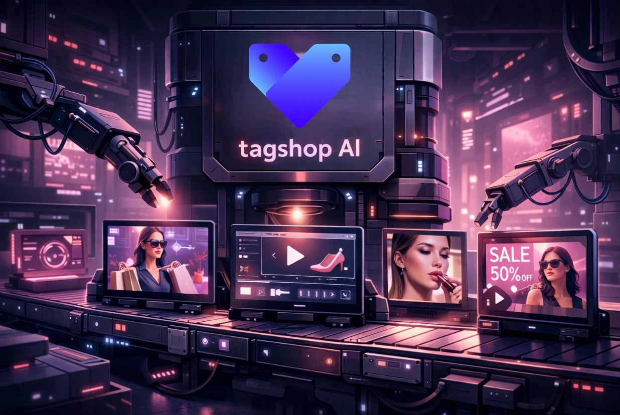 Cyberpunk-style illustration of a laptop displaying the Tagshop AI logo surrounded by video cameras, social media icons, and AI editing screens in a neon-lit workspace.