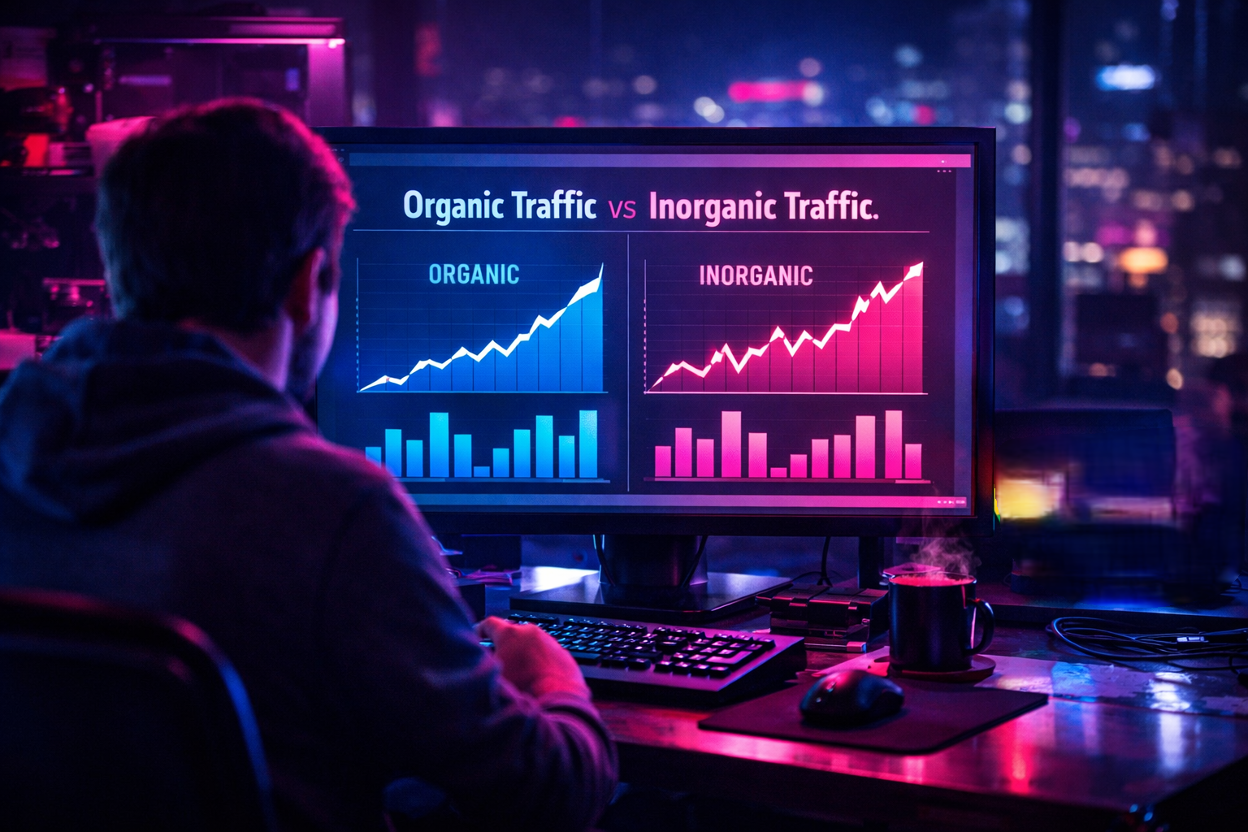 Cyberpunk-style illustration showing a man viewing a monitor that shows the differences between organic traffic and inorganic traffic.