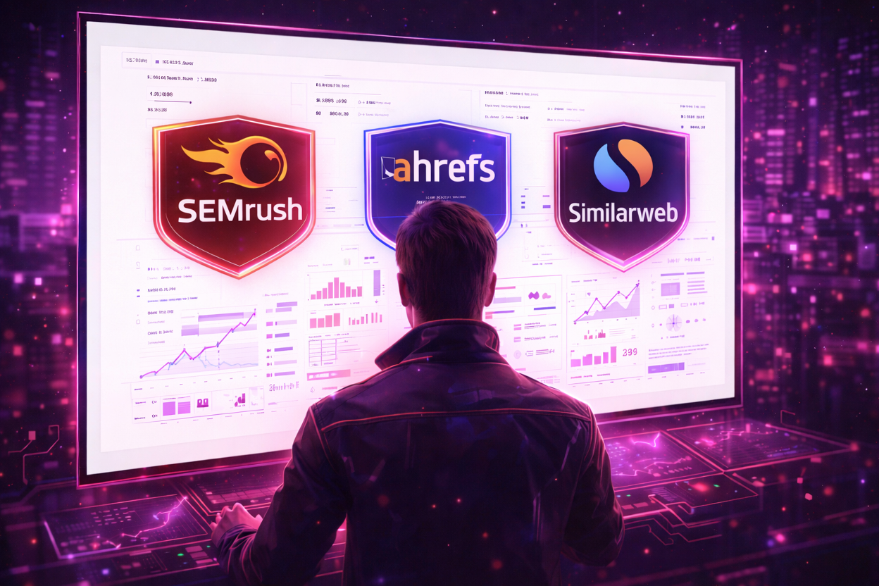 Data dashboard comparison showing keyword volume and difficulty metrics across SEMrush, Ahrefs, and Similarweb.